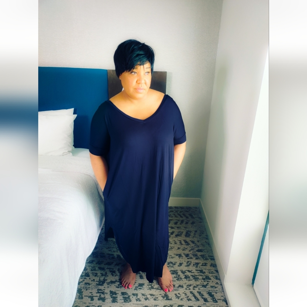 Zenana Navy Blue Relaxed V-Neck Lounge Dress | S–3X